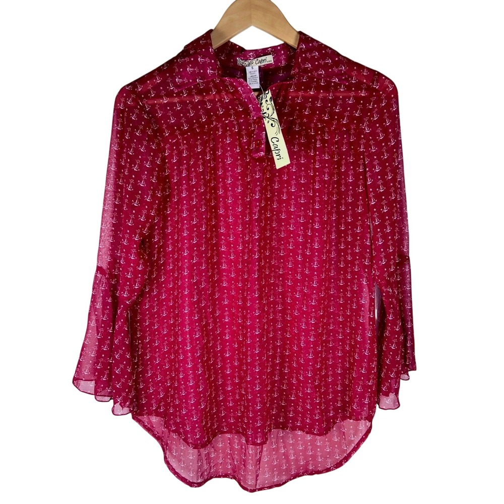 Red Anchor Print Sheer Blouse Top Button Down Bell Sleeve NWT Coastal Nautical
